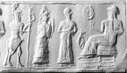 9 - creature creation Enkidu, Ninsun, 2/3rds divine King of Uruk Gilgamesh, & Nannar seated in Ur; the kings received their instructions from the gods to be carried out with absolute loyalty
