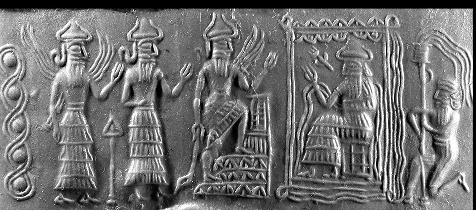 Utu, Nannar, & Ninurta visit Enki in Eridu, Enki's ziggurat, one of the 1st built, was decorated in polished silver so it could be seen for many miles
