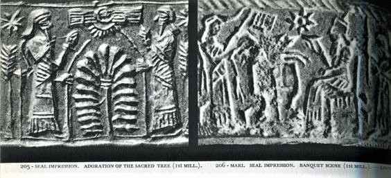 32 - Enki & Enlil with winged sky-disc / flying saucer above the Tree of Life; right: sister-lover Ninhursag & brother Enki dine at Ninhursag's ziggurat in Kish or at Enki's ziggurat in Eridu