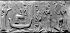 35 - unidentified god, Enki seated, unidentified, possibly Ninsun, & unidentified; Enki heads out into the waters, his symbol of flowing waters & his domain