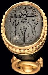 36 - Enki, Anu, & Enlil in winged sky-disc / flying saucer on a royal ring; all those in Mesopotamia saw the gods in the air flying around & sometimes with the semi-divine kings on Earth