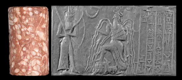 45 - brother Enlil with scepter & bow, & older brother Enki with flowing waters; these are the 2 power holders from the 1st generation of gods on Earth