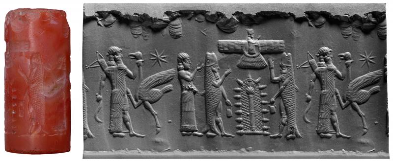 5a - Ninurta & his mother Ninhursag on the ground, & King Anu paying attention from above in his winged sky-disc / flying saucer; Enki 1st came to Earth in his flying saucer with a crew of 50 gods