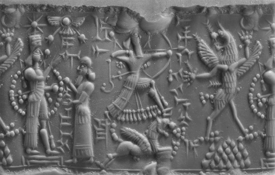 10c - Inanna with alien powers stands before Commander god Enlil giving his commands, & Ninurta battles Anzu for Enlil's "Tablets of Destinies"