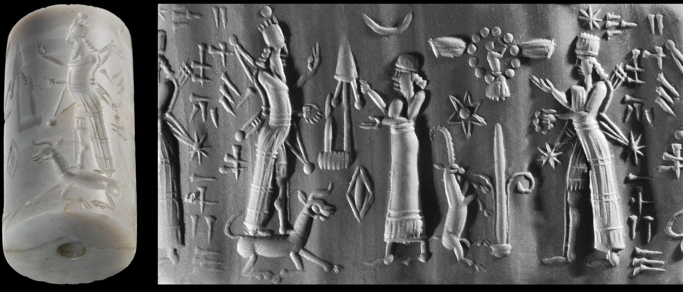 30 - Ninurta upon a bull, his mother Ninhursag giving advice, & Goddess of Love & War Inanna, with Utu in his Sun sky-disc / flying saucer above; the main royal gods had their own flying saucer to ger around Earth