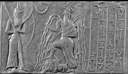9a - Enlil & older brother Enki with his foot upon his ziggurat, water pouring from him, & his goat-fish symbol