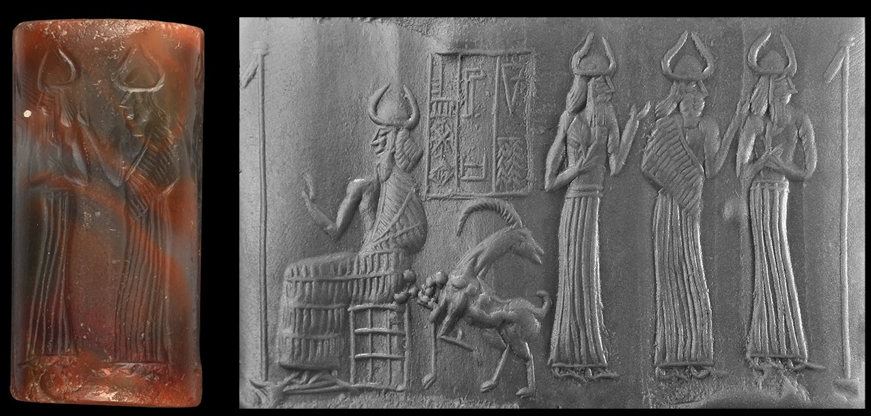 9b - Commander Enlil seated, son Ninurta, Enki, & unidentified; ancient artifact of giant gods who came down to Earth