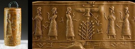 9e - Enki, Ninurta, Enlil, Tree of Life, Enki, & Ninurta again; winged sky-disc / flying saucer above