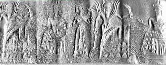 9m - Aia with dinner offering, & spouse Utu come up the ziggurat in Nippur before Enlil, his grandfather the Commander of the gods