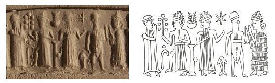 71 - Nannar, Inanna, Enlil, semi-divine king, & Ninsun; artifact & drawing of an important scene from that time in history