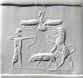 12 - Ashur battles beast & Marduk above in winged sky-disc