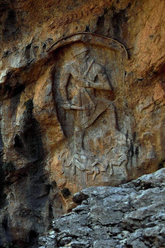 27 - giant semi-divine King Naram-Sin Rock Relief at Darband-i-Gawr, Qaradagh Mountain, Sulaymaniyah. Iraq