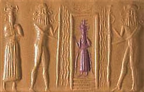 12cc - unidentified god, mixed-breed earthling worker, Enki in the doorway, & mixed-breed earthling worker