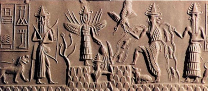 12l - Enlil, Inanna, Utu with his mountain-cutting rock saw, Enki taking a giant's step, & his vizier Isimud