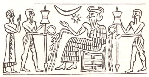 2g - unidentified god, mixed-breed worker, Enki giving directions, & another worker