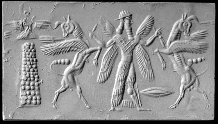 6 - on left side Marduk lifts off from his Tower of Babel in Borsippa; on right side Marduk battles two winged animal figures for Enlil descendants