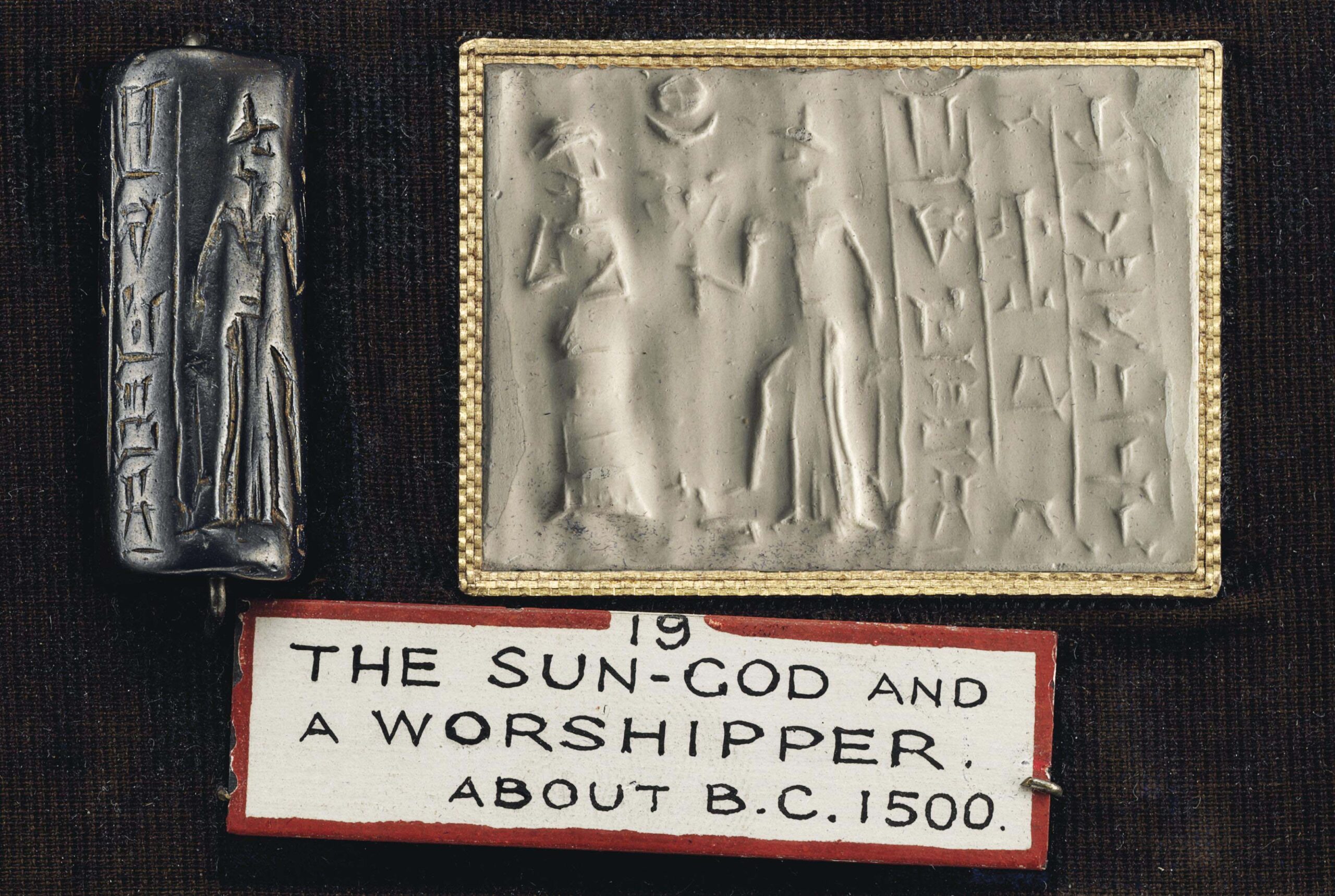 27 - Nannar & Nergal with foot upon an earthling; Babylonian, 1700-1600 B.C.
