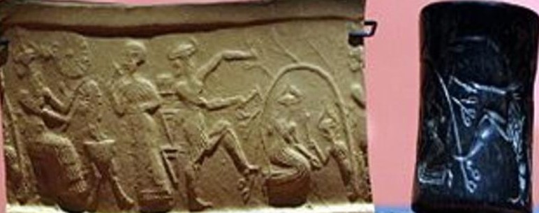 5b - Utu collects smoke offering from semi-divine king, Nergal with pick-ax, Ninlil & her spouse Enlil in the Under World