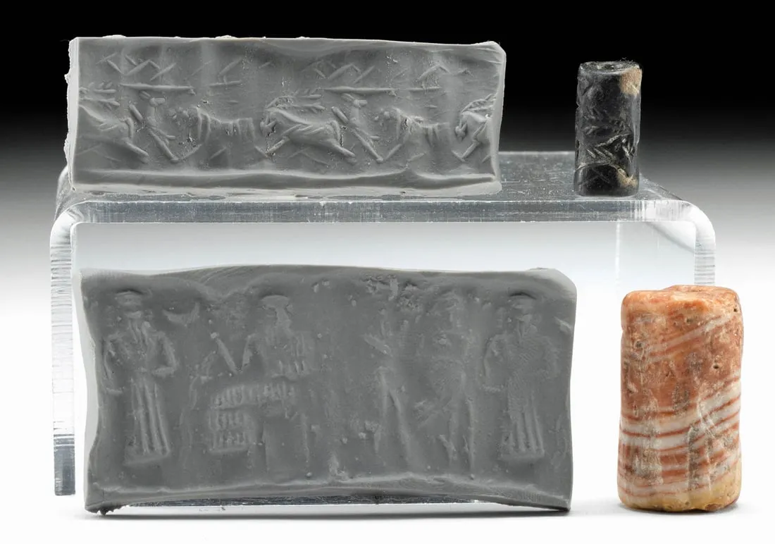 50 - reverse-carved rock cylinder seal of unidentified god & Enki