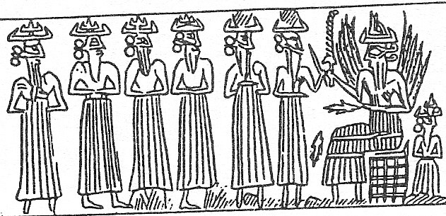 5 unidentified gods, scribe Nabu, & Utu with rock-saw, & Enlil in background